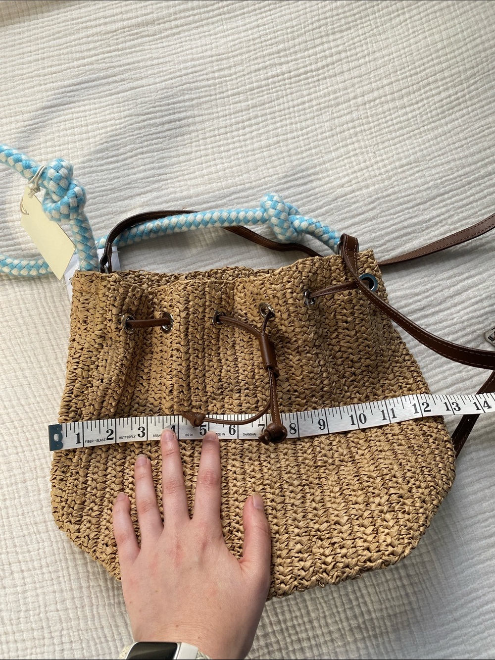 Woven Raffia Drawstring Crossbody Bag with Blue Rope Handle - Picture 7 of 8